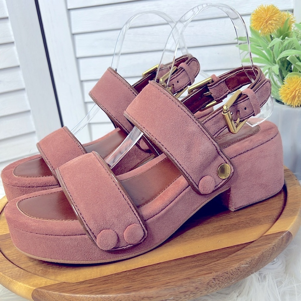 SEE BY CHLOE' l Pink Suede Galy Sandals Chunky Platform Summer Brass Hardware 39 - Picture 6 of 13